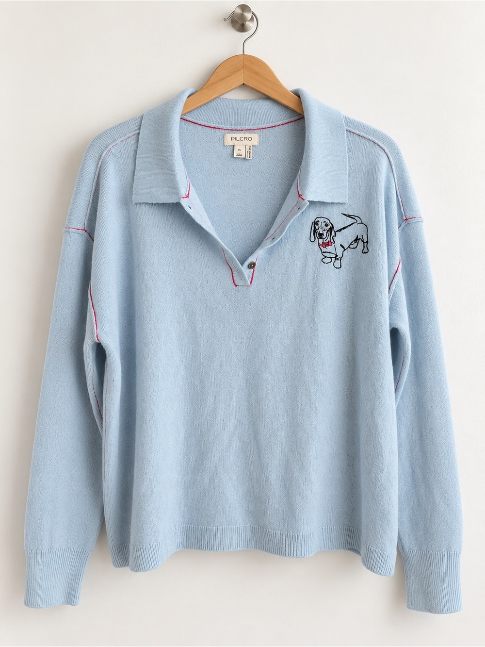 Pilcro Baby Blue V-Neck Polo Sweater with Dog Embroidery